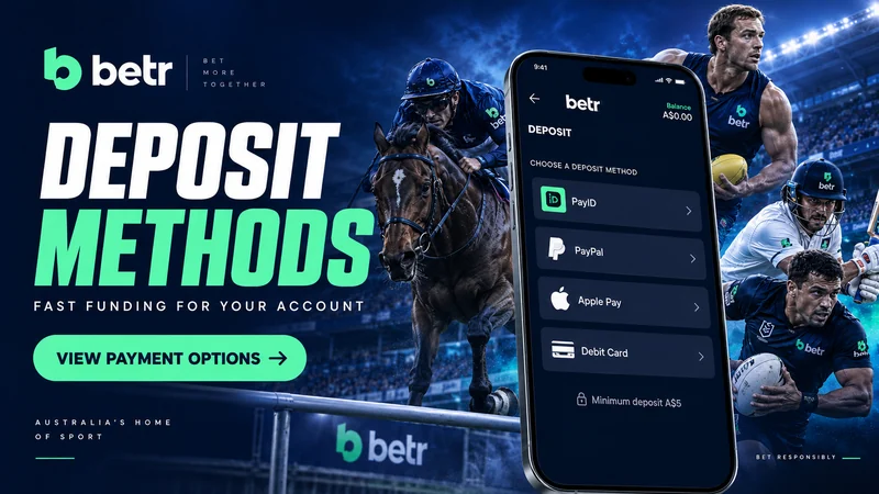 Deposit screen at betr listing PayID, PayPal, Apple Pay and debit card