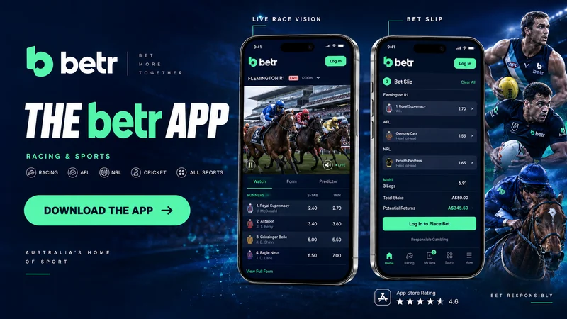 The betr app on iPhone: Sky Racing vision on the left, bet slip on the right